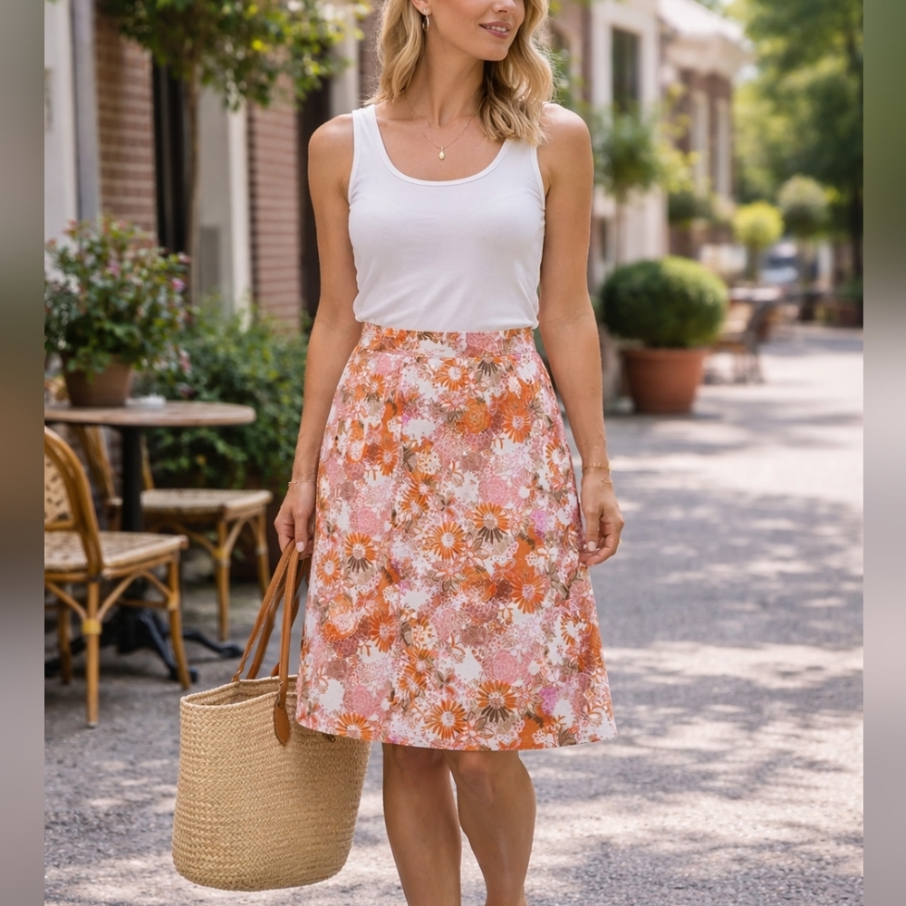 Vintage-Inspired Floral Pink And Orange A-Line Skirt 1901 Nordstrom Size 12